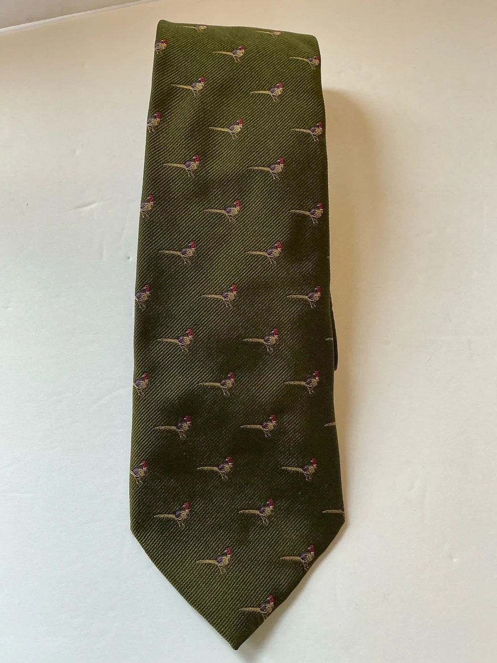 Polo Ralph Lauren Green Silk Necktie, Pheasants, Hunting, Made in Italy